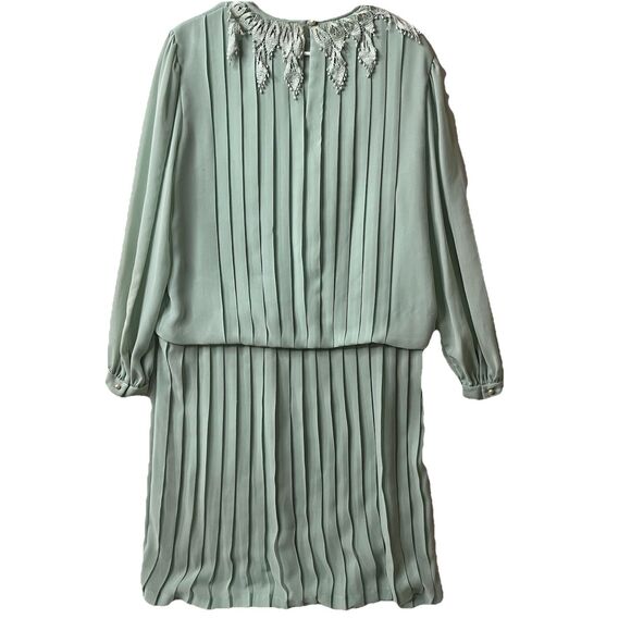 Vintage IN THE MOOD Gray Pleated Dress w/lace collar size 12 Green - Picture 2 of 9